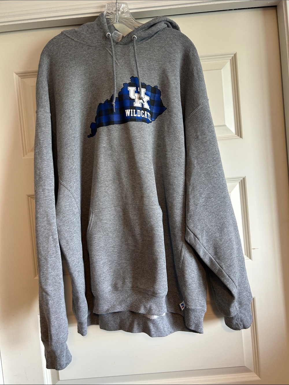 Russell Athletic Gray Hoodie with Blue Plaid Graphic